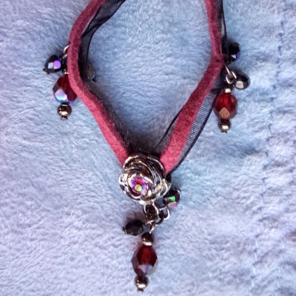 Wine Silk Necklace with Red and Shiny Black Beads